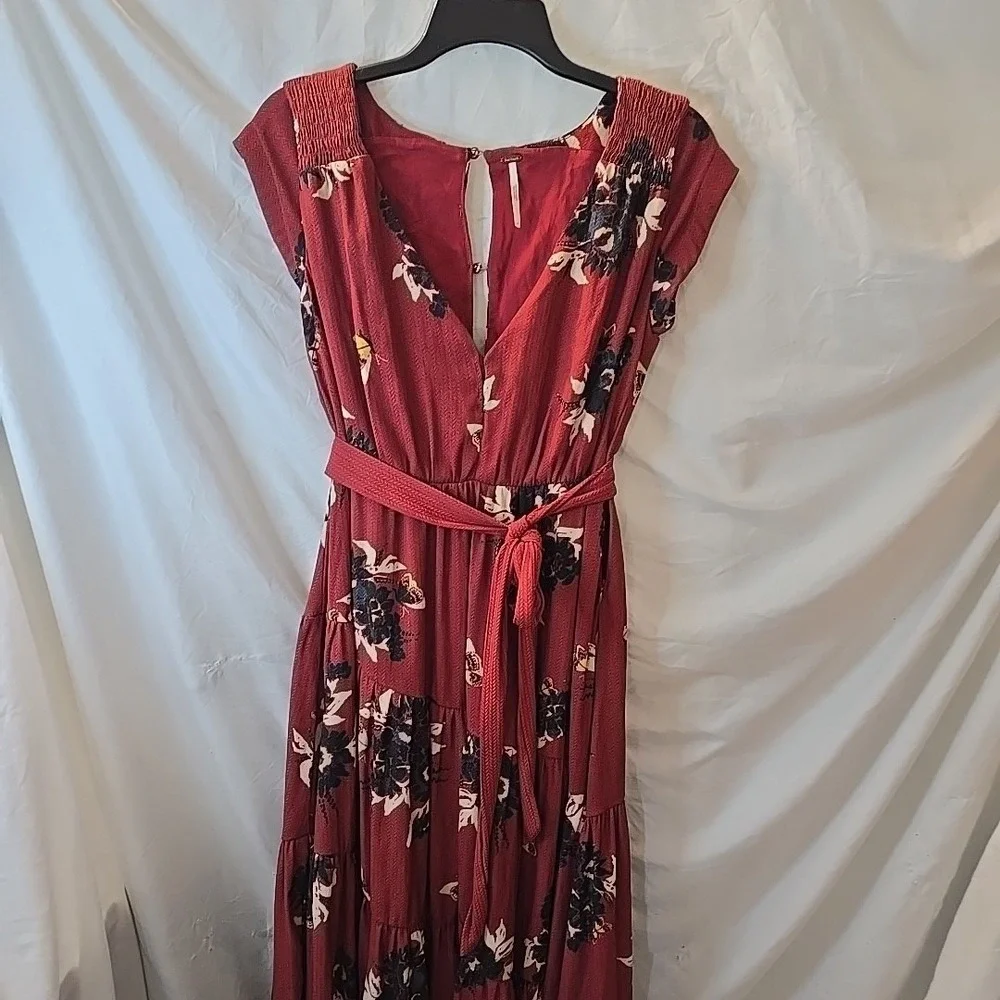 Free People All I Got Tiered Maxi Dress Size 0 Rust Butterfly Floral Front‎ Tie